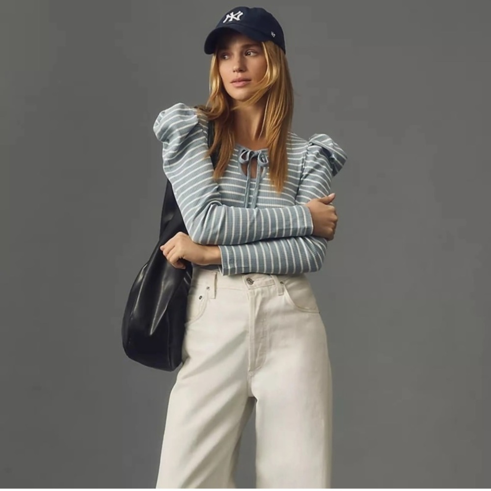 Porridge Anthropologie striped puff sleeve shirt